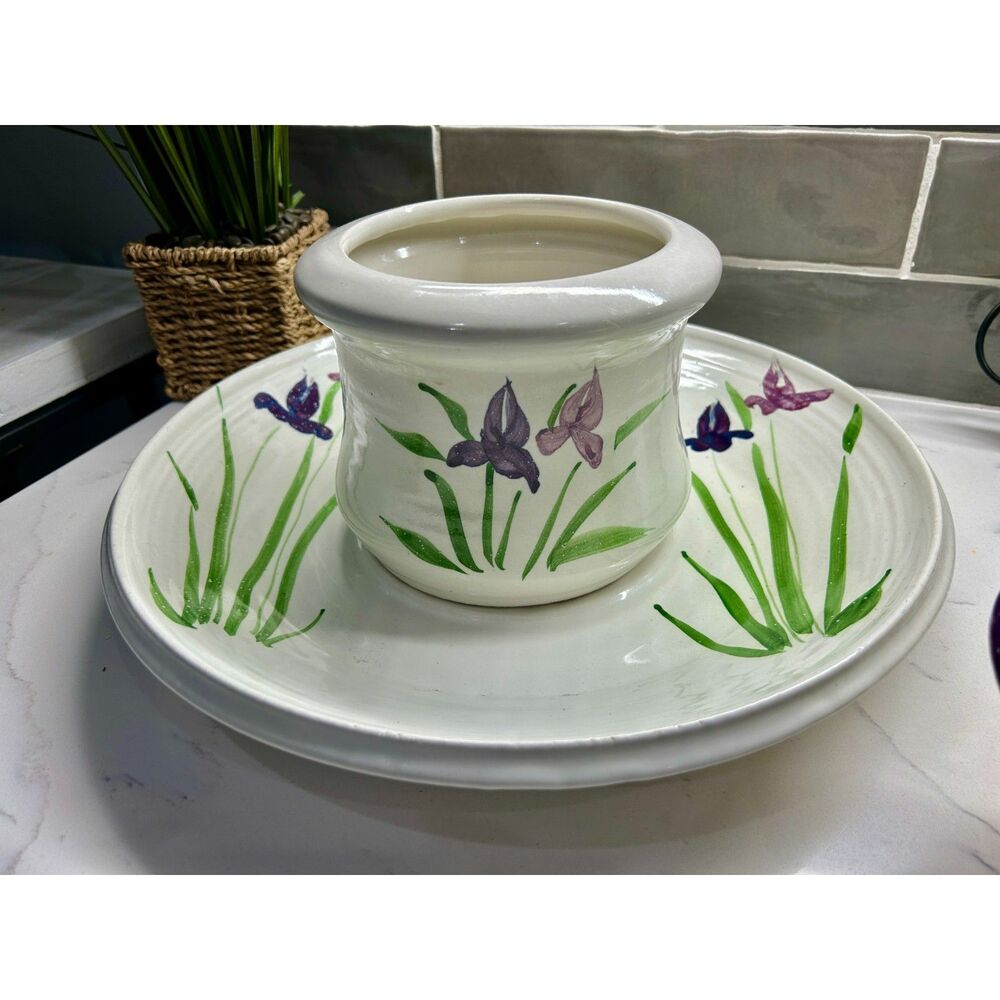 VINTAGE Contemporary Pottery Dip Chiller/Warmer Irises 3 pcs With XL Chip Tray